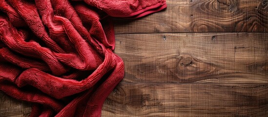 Wall Mural - Red towel draped over wooden kitchen table seen from above with empty space for text.