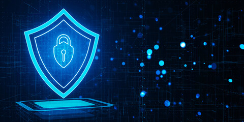 Poster - Digital shield with a padlock symbol floating above a platform, stylized as a digital network, on a dark blue circuit background, concept of cybersecurity. 3D Rendering