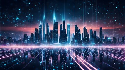 Poster - A computer generated image of a cityscape with a blue and pink background
