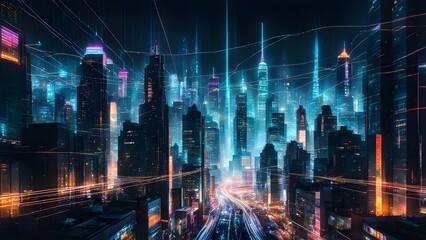 Poster - A computer generated image of a cityscape with a blue and pink background