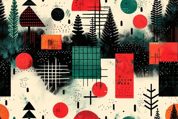 Wall Mural - A modern abstract wallpaper with a retro-inspired geometric forest design for a creative background