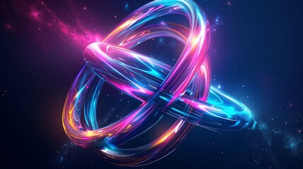 Abstract digital artwork of three intertwined, glowing rings against a cosmic backdrop.