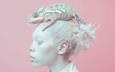 Wall Mural - woman with chameleon on her head.