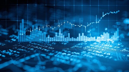 Poster - A blue-toned digital image depicting a financial chart with a line graph and bar graph overlaying a complex background of data and numbers, suggesting the dynamic nature of the stock market