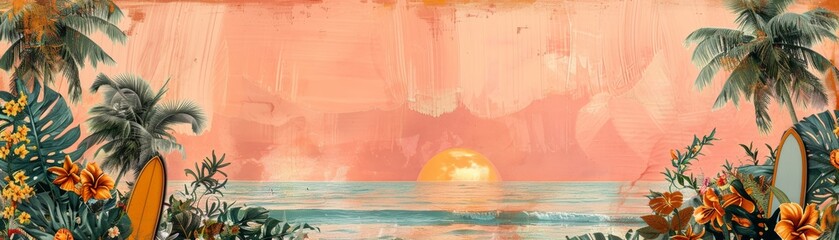 Wall Mural - Palm trees and a sunset over a calm ocean.