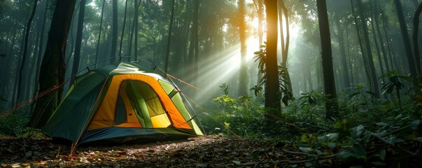 Canvas Print - Camping Tent in a Misty Forest.