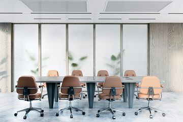 Poster - Modern office meeting room with large table, chairs, and frosted glass windows, empty interior space, concept of corporate space. 3D Rendering