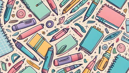 Wall Mural - A colorful drawing of pens, pencils, and notebooks