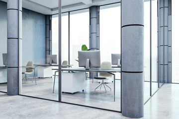 Wall Mural - Modern office interior with desks, chairs, and computers, concrete columns, large windows, urban skyline view, concept of workspace. 3D Rendering