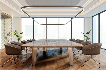 Wall Mural - A modern conference room interior with a large wooden table, stylish chairs, and large windows with a city view in the background, conveying a concept of corporate business meetings. 3D Rendering