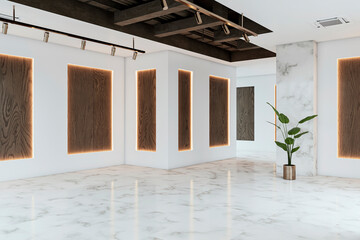 Wall Mural - A modern interior design of a gallery or office with illuminated wooden panels, marble flooring, and a plant, on a white background, concept of elegance. 3D Rendering