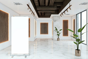 Aufkleber - An interior design concept featuring an empty roll-up banner in a modern gallery with light marble floors and wood accents. 3D Rendering