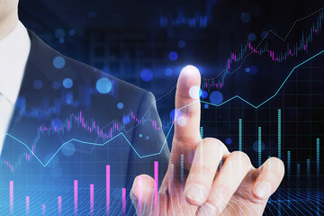 Poster - Person interacting with futuristic financial graphs, photo composition on a blurred office background, illustrating finance analytics concept