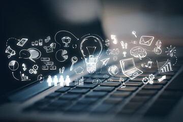 Poster - Laptop keyboard with illuminated screen displaying a creative array of doodle-like drawings symbolizing ideas and concepts on a dark background