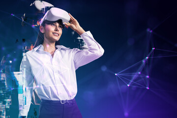 Poster - A woman wearing virtual reality glasses, with digital abstract elements, against a blue-purple background, symbolizing innovation