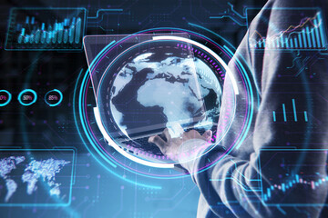 Poster - A person interacts with futuristic holographic displays showing graphs and a globe, set against a dark digital background, illustrating a technology concept
