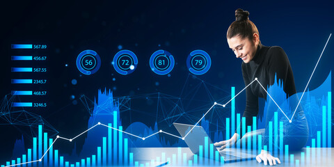 Poster - A woman interacts with futuristic digital graphs and numbers on a dark blue technological background, concept of modern finance and analytics