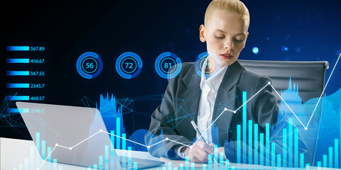 Aufkleber - A businesswoman analyzing holographic financial charts on a futuristic display, with a dark blue background highlighting technology and analytics