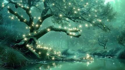 Fairy tree in a mystic forest with white twinkling star-shaped lights fallen into a stream through a teal green landscape with reflections in the water.