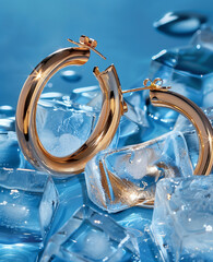 Wall Mural - A  golden hoop earrings with diamonds placed on ice cubes .Minimal creative jewelry concept.Flat lay