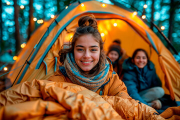 Wall Mural - A girl is sitting in a tent with her friends