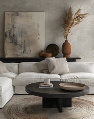 Wall Mural - minimalist coffee table in dark wood, centered on the living room