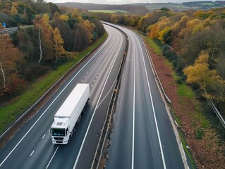 Wall Mural - An aerial shot of a white truck on a highway surrounded by greenery, great for backgrounds