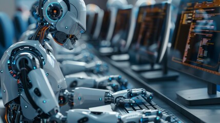 Aufkleber - A close-up shot of a robots hand typing on a computer keyboard, with other robots in the background