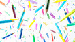© jessica - Office supplies like pens, pencils, paperclips, and sticky notes  in air