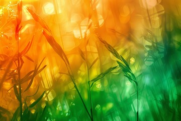 Wall Mural - A sun-kissed nature background with abstract green foliage and golden bokeh effects