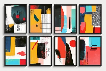 Sticker - A collection of eight abstract geometric art panels with bold colors that could be used as a stylish wallpaper or background