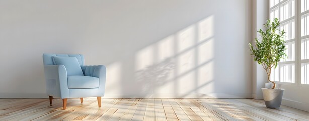 Wall Mural - Minimalist interior design with white walls and a light blue armchair on a wooden floor