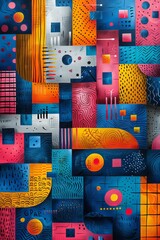 Sticker - A vibrant abstract illustration with patchwork textures, ideal as a wallpaper or creative background