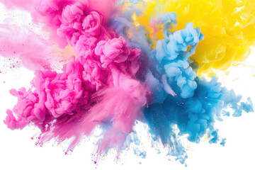 Wall Mural - Pink, yellow and blue smoke bomb explosion. Neon color burst. Dynamic colored clouds on transparent background.