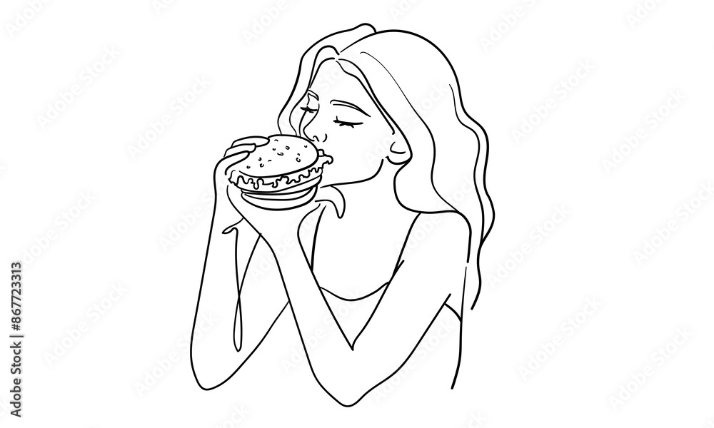 Girl eating burger and enjoys continuous line art drawing isolated on ...