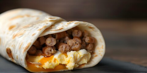 Wall Mural - Savor a Tasty Breakfast Burrito with Sausage, Eggs, and Cheese. Concept Breakfast, Burrito, Sausage, Eggs, Cheese, Tasty
