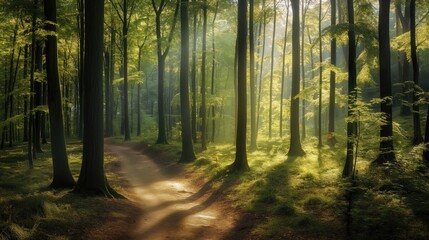  A tranquil forest with a winding path leading through tall trees, with sunlight filtering through the leaves.