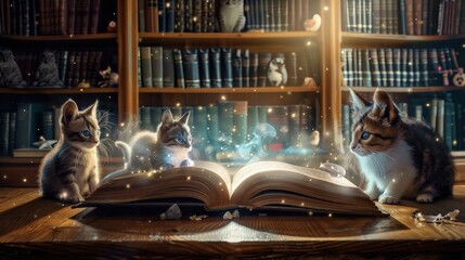 Wall Mural - Magical opened book in the library with cute animals. The spell book is on the desk and casting soft light. Perfect for a backdrop, background. Photo manipulation.