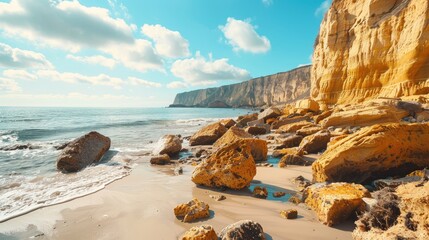 Wall Mural - A sunny day photo of a beach with yellow rocks and the sea in the background