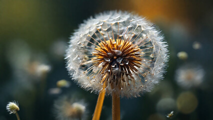 The dandelion seeds, carried by the wind,ready to take flight.