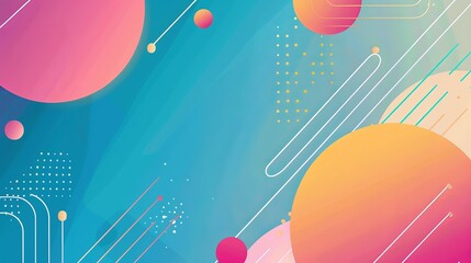 Wall Mural - Minimalist abstract design featuring floating circles and lines in soft pink, orange, and blue hues set against a smooth gradient background, creating a modern look.