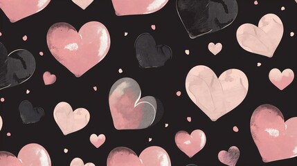 Wall Mural - A romantic black wallpaper dotted with large, medium, and small hearts in a monochrome pink palette, each heart slightly out of focus to enhance the wallpaper's dreamy quality.