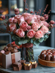 Poster - bouquet of roses and flowers and cake
