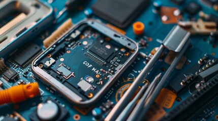 Poster - A close-up view of a cell phones circuit board, revealing intricate electronic components and a glimpse into the world of smartphone repair