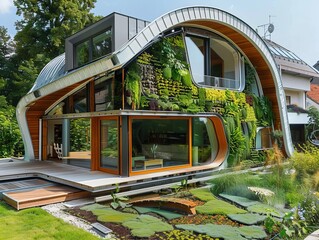 Poster - A modern, sustainable house with green living walls and large glass windows, integrating seamlessly with natural surroundings and water features.