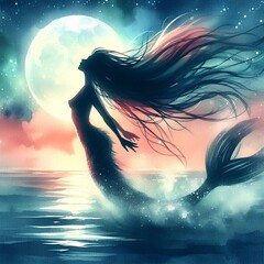 Wall Mural - pretty mermaid silhouette back lit by a full moon. Jumping out of the water ocean sea. Watercolor illustration on a canvas texture.