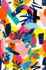 Sticker - This image consists of colorful layered geometric shapes and leaves, creating an abstract composition that evokes vibrant and dynamic energy.