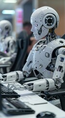 Aufkleber - A humanoid robot sits at a desk, using a computer keyboard in a futuristic office setting