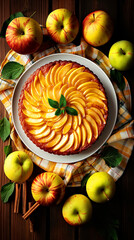 Wall Mural - Delicious Apple Tart on Wooden Table with Fresh Apples and Cinnamon Sticks