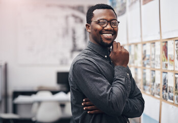 Poster - Smile, confident and portrait of architect in office with information on pinboard at startup. Happy, pride and professional black man with career in architecture working on industrial design project.